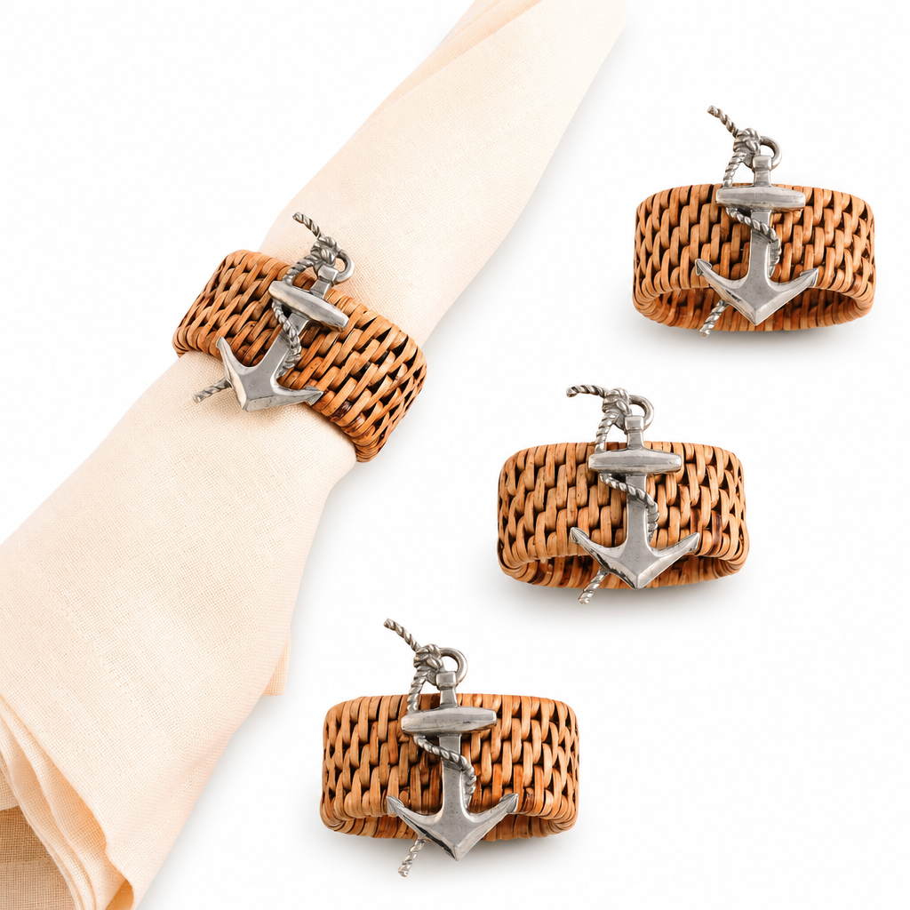 Anchor Hand Woven Wicker Rattan Napkin Ring - Set of 4 1