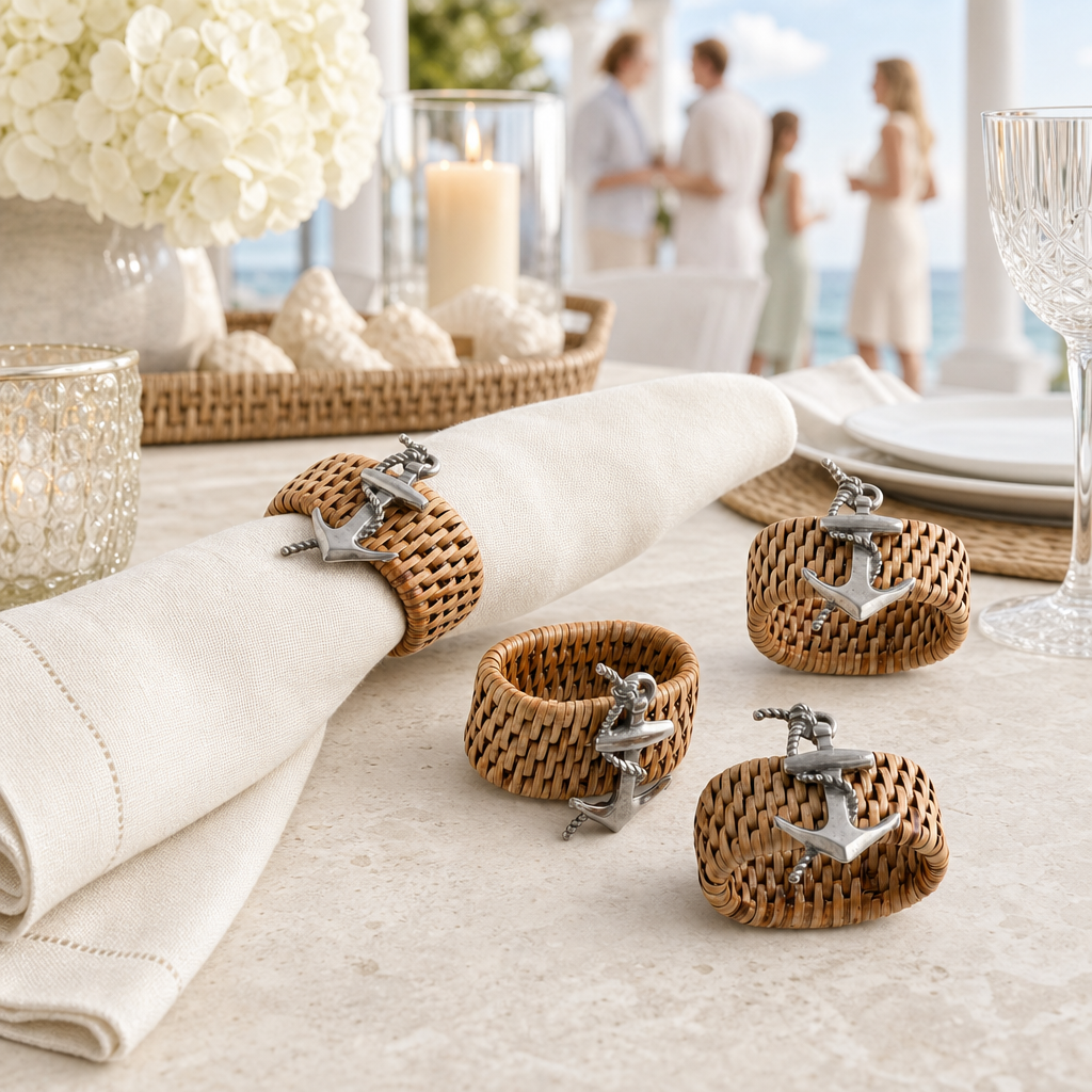 Anchor Hand Woven Wicker Rattan Napkin Ring - Set of 4 7
