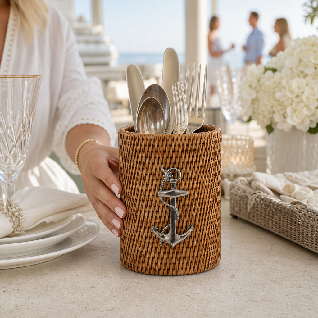 Anchor Hand Woven Wicker Rattan Utensils Holder 6