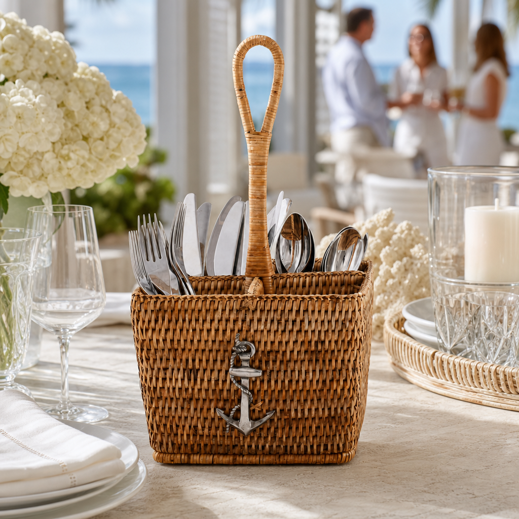 Anchor Hand Woven Wicker Rattan Flatware Caddy 6