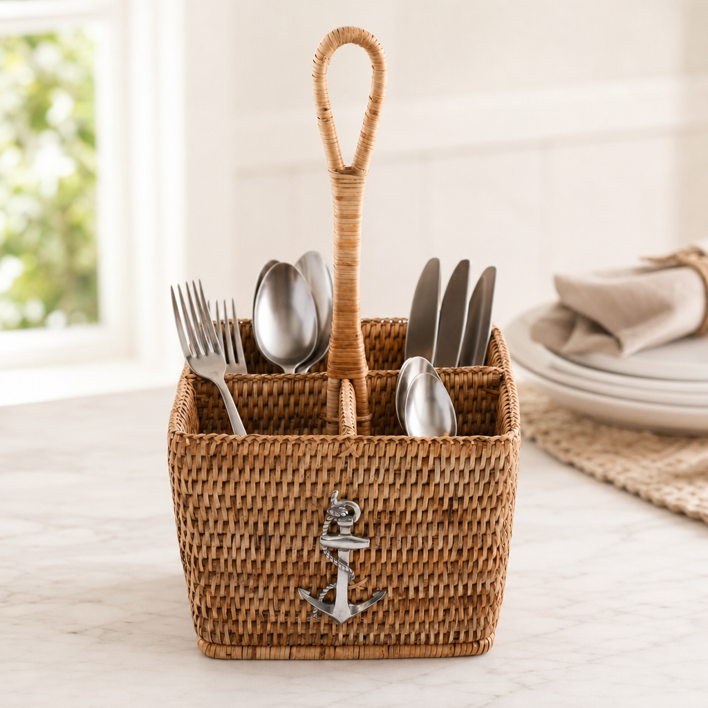 Anchor Hand Woven Wicker Rattan Flatware Caddy 10