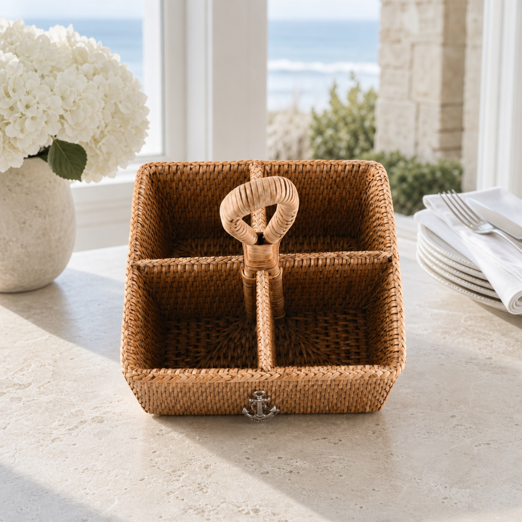 Anchor Hand Woven Wicker Rattan Flatware Caddy 5