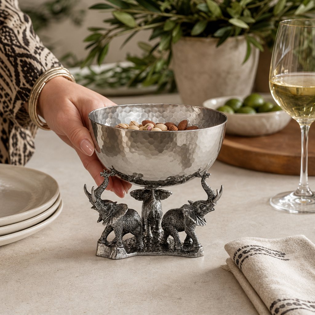 Stainless Nut Bowl - Pewter Elephant Base 6