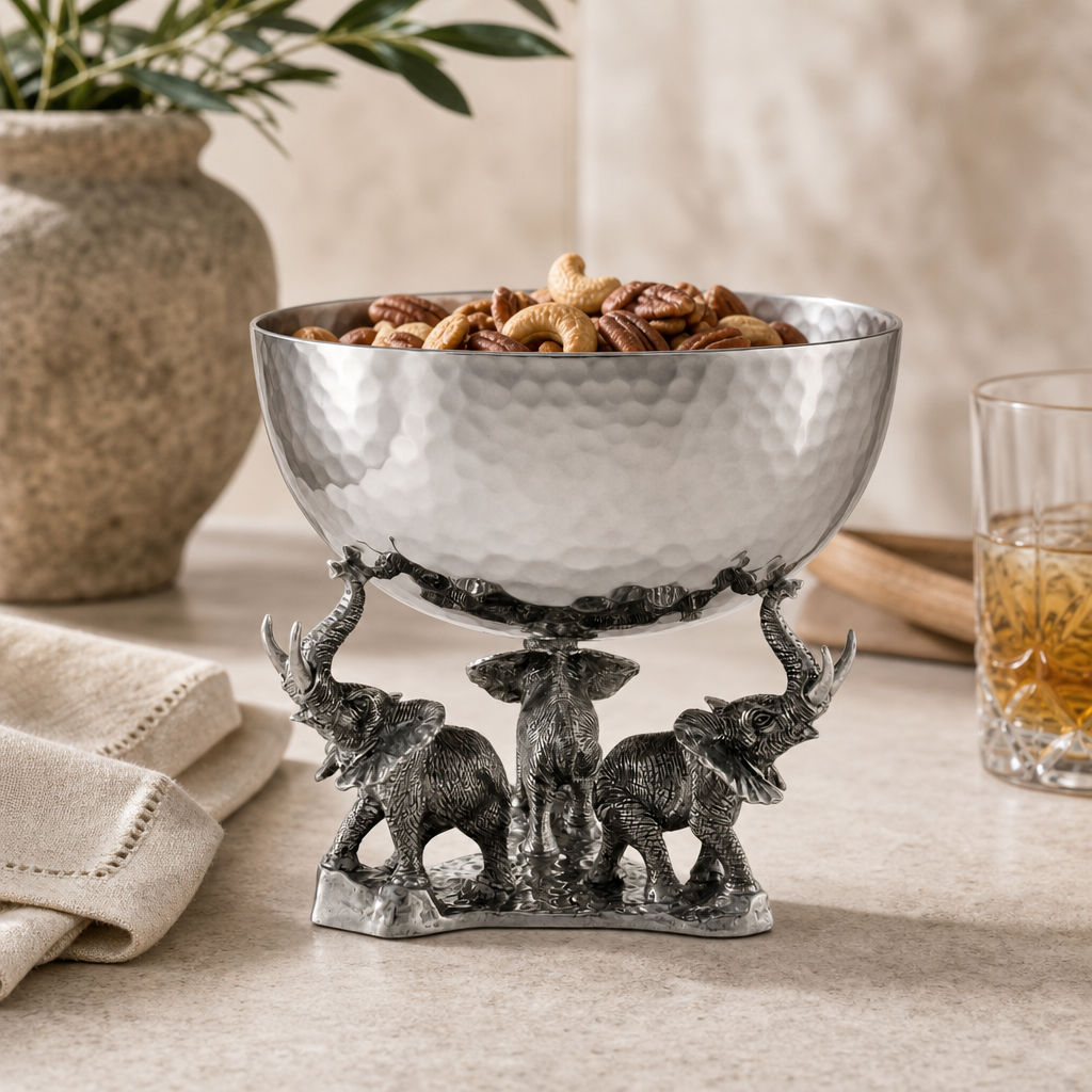 Stainless Nut Bowl - Pewter Elephant Base 1