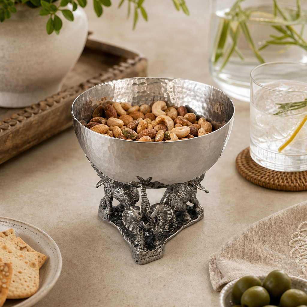 Stainless Nut Bowl - Pewter Elephant Base 9