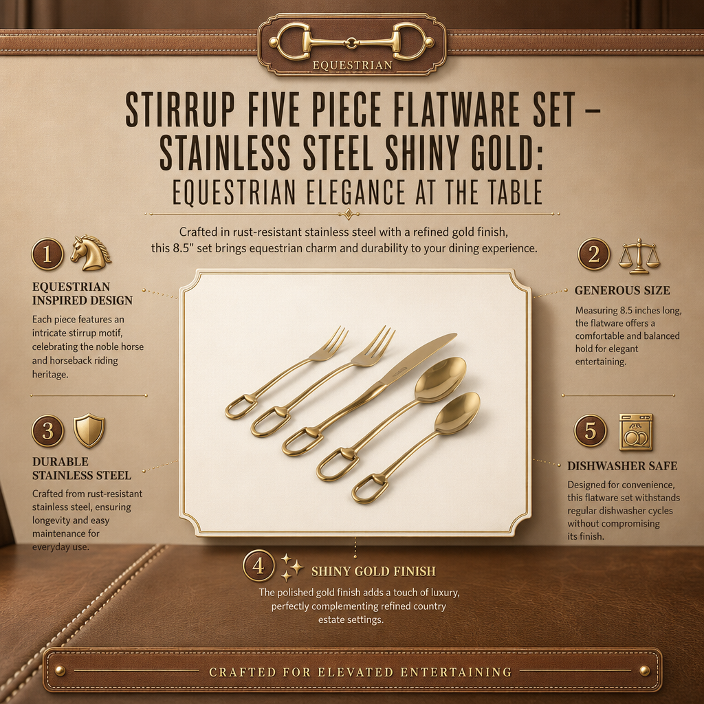 Stirrup Five piece Flatware Set - Stainless Steel Shiny Gold: Equestrian Elegance at the Table