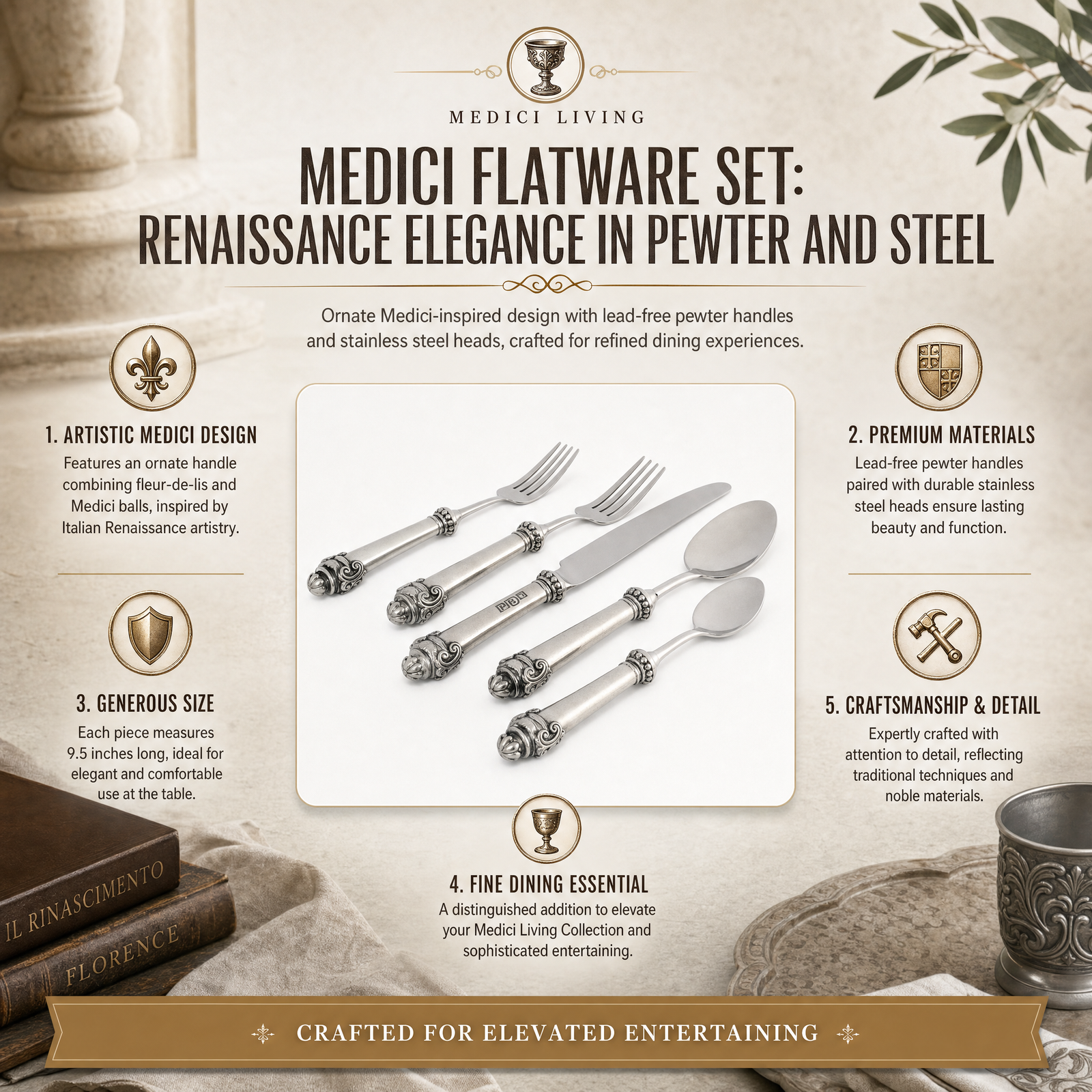 Medici Flatware Set: Renaissance Elegance in Pewter and Steel