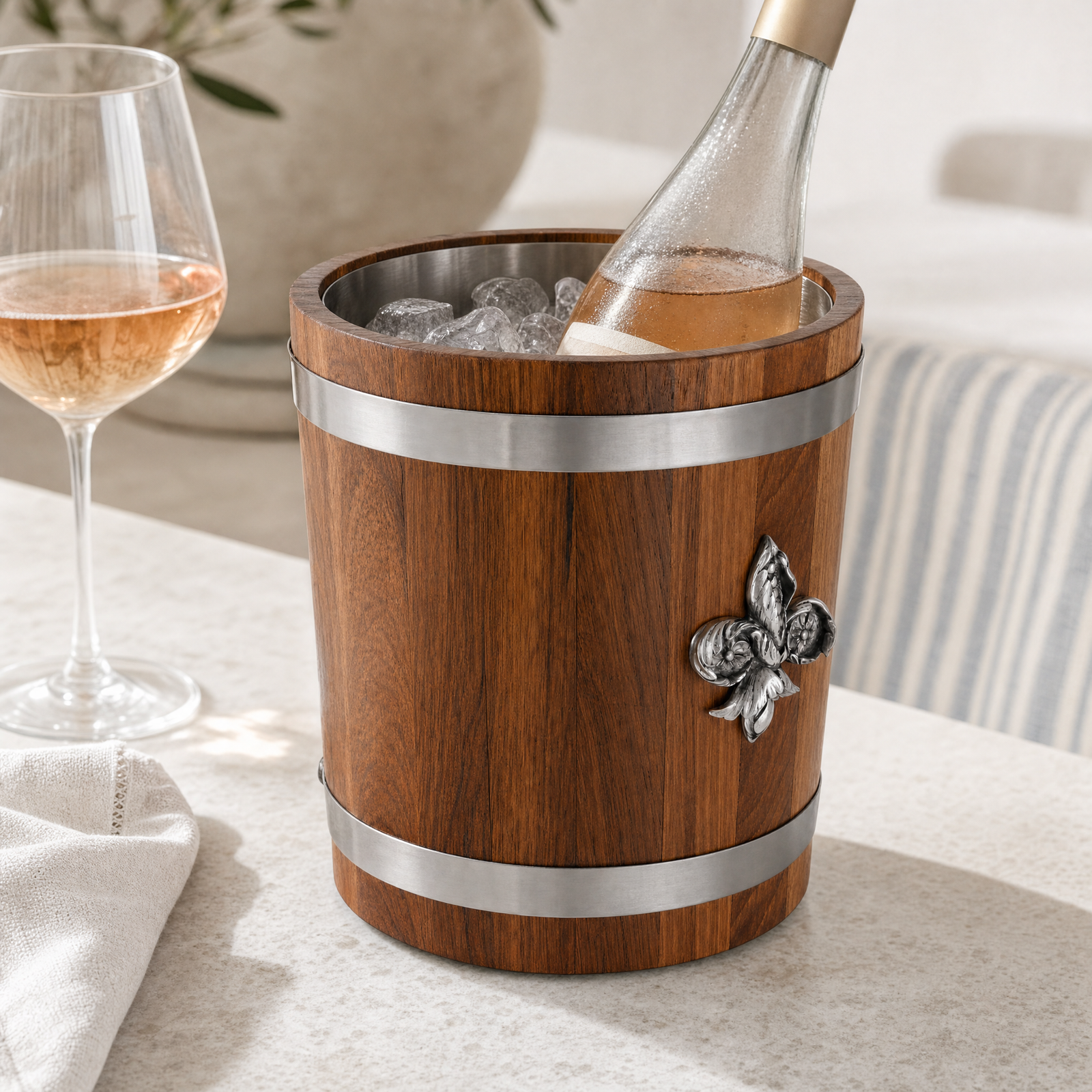 Fleur de lies Teak Ice Bucket - Steel insert 4