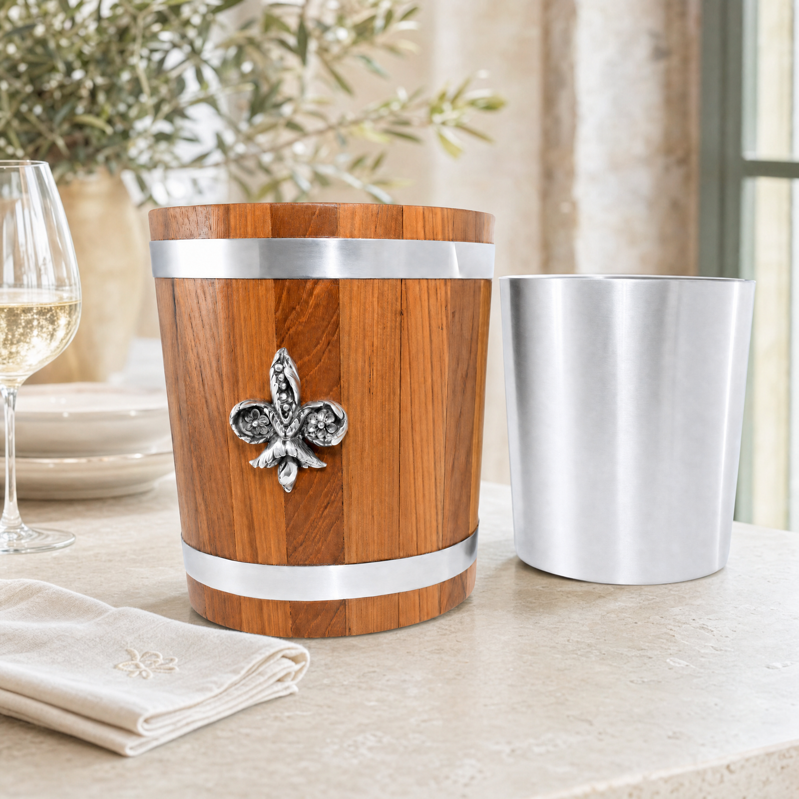 Fleur de lies Teak Ice Bucket - Steel insert 5