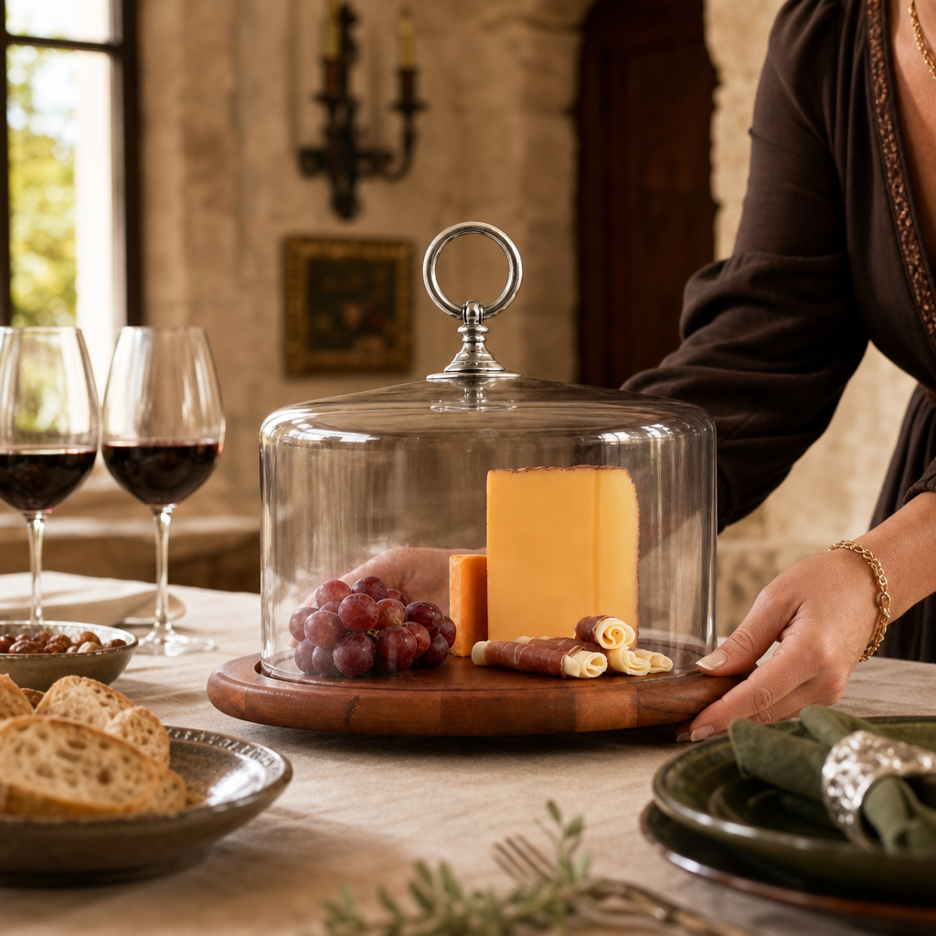 Classic Pewter Ring Glass Covered Cheese Wood Board 3