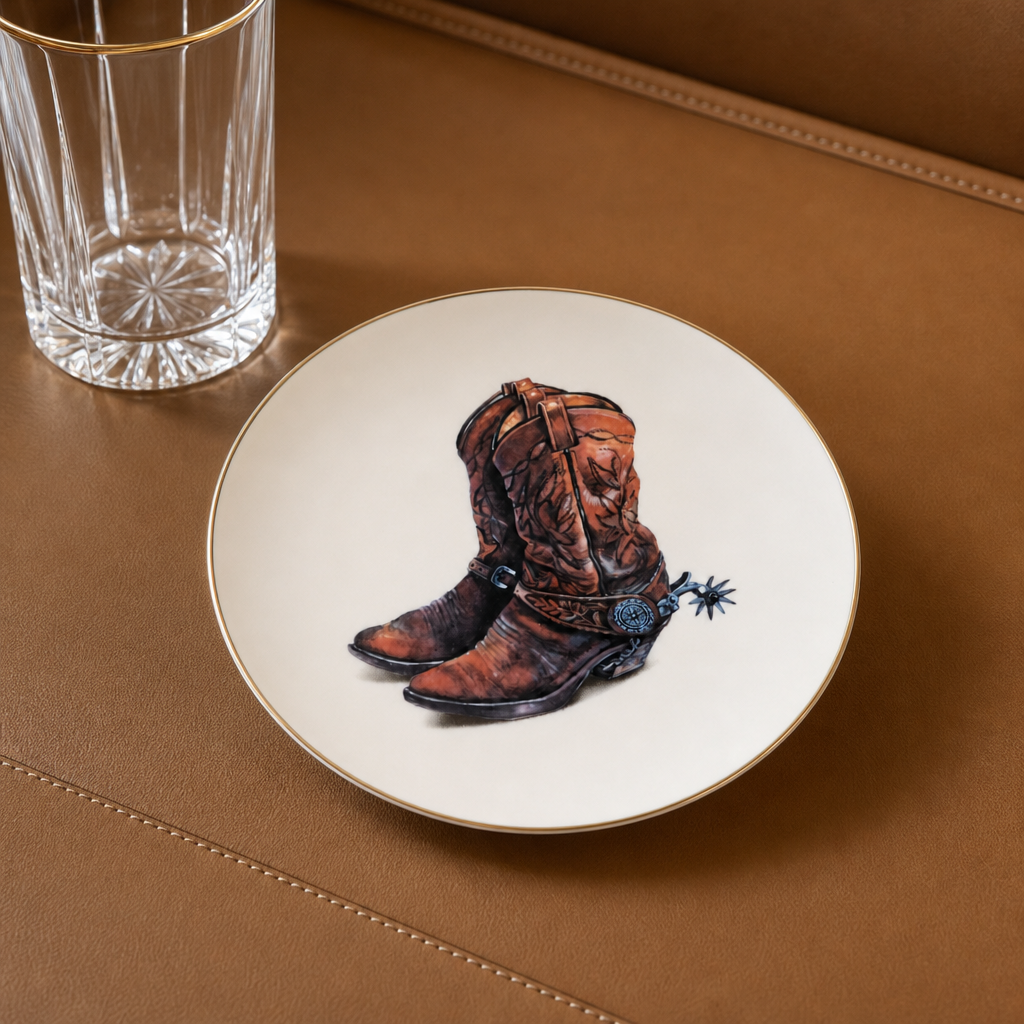 Amarillo Western Boot Pattern Bone China Round Salad Plate 1