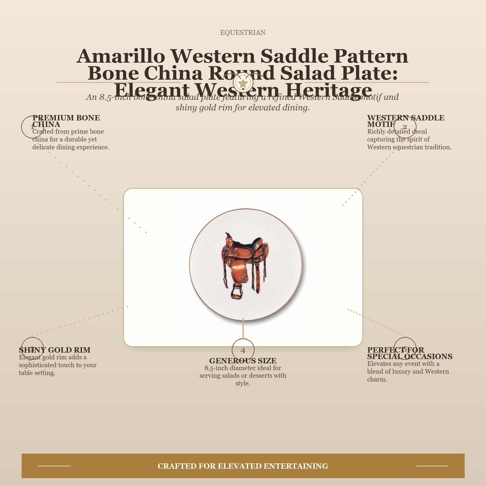 Amarillo Western Saddle Pattern Bone China Round Salad Plate: Elegant Western Heritage