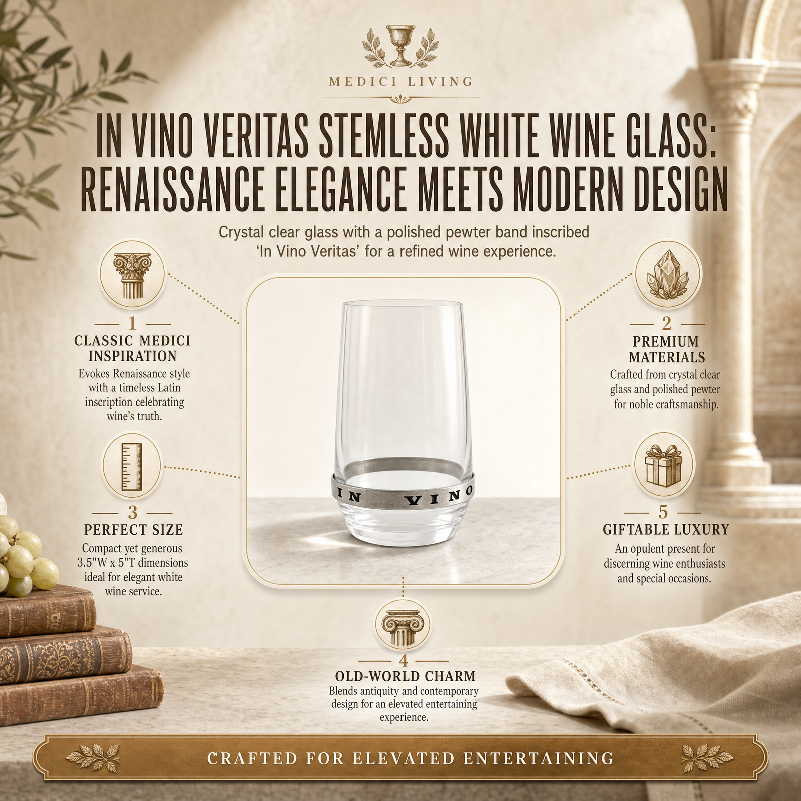 In Vino Veritas Stemless White Wine Glass: Renaissance Elegance Meets Modern Design