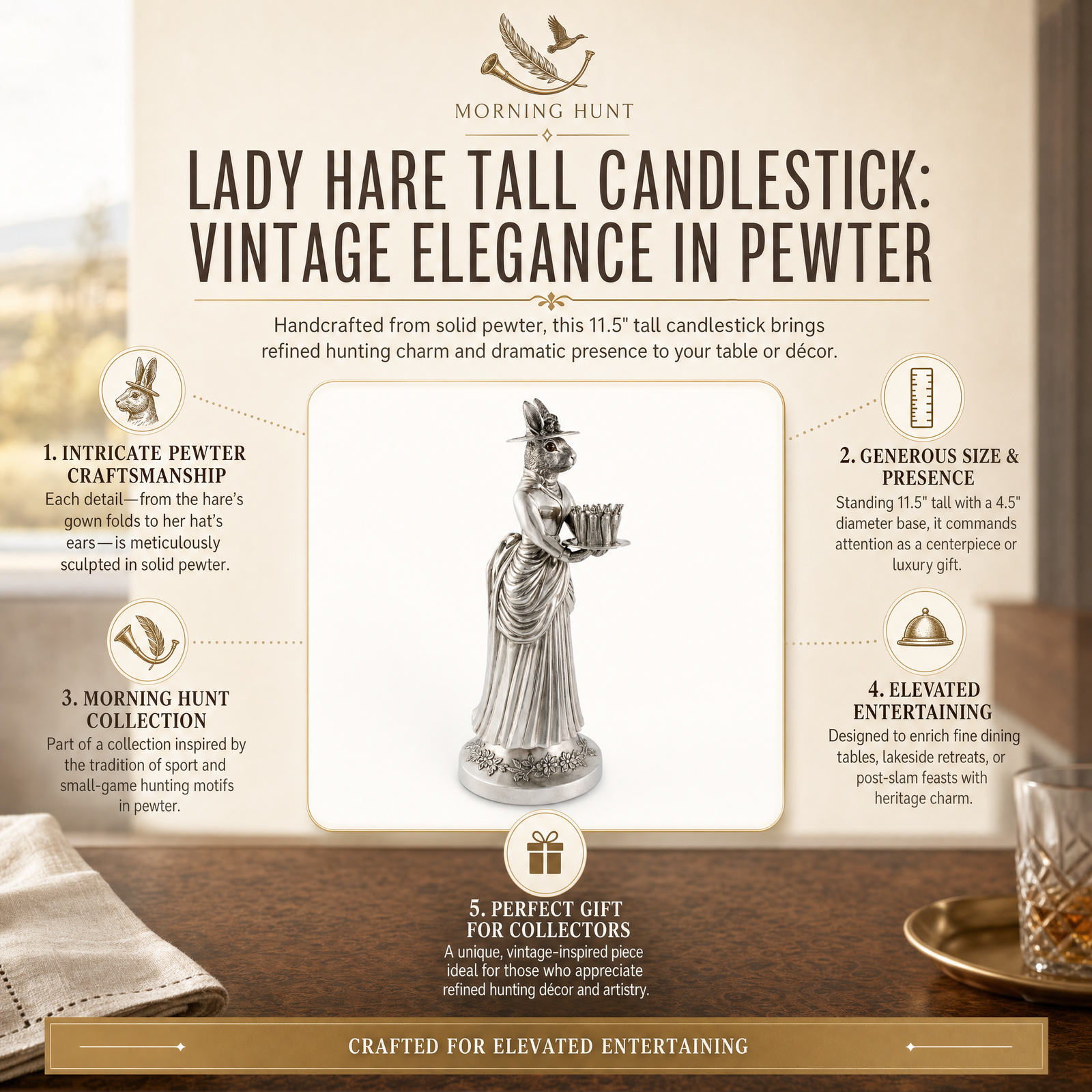 Lady Hare Tall Candlestick: Vintage Elegance in Pewter
