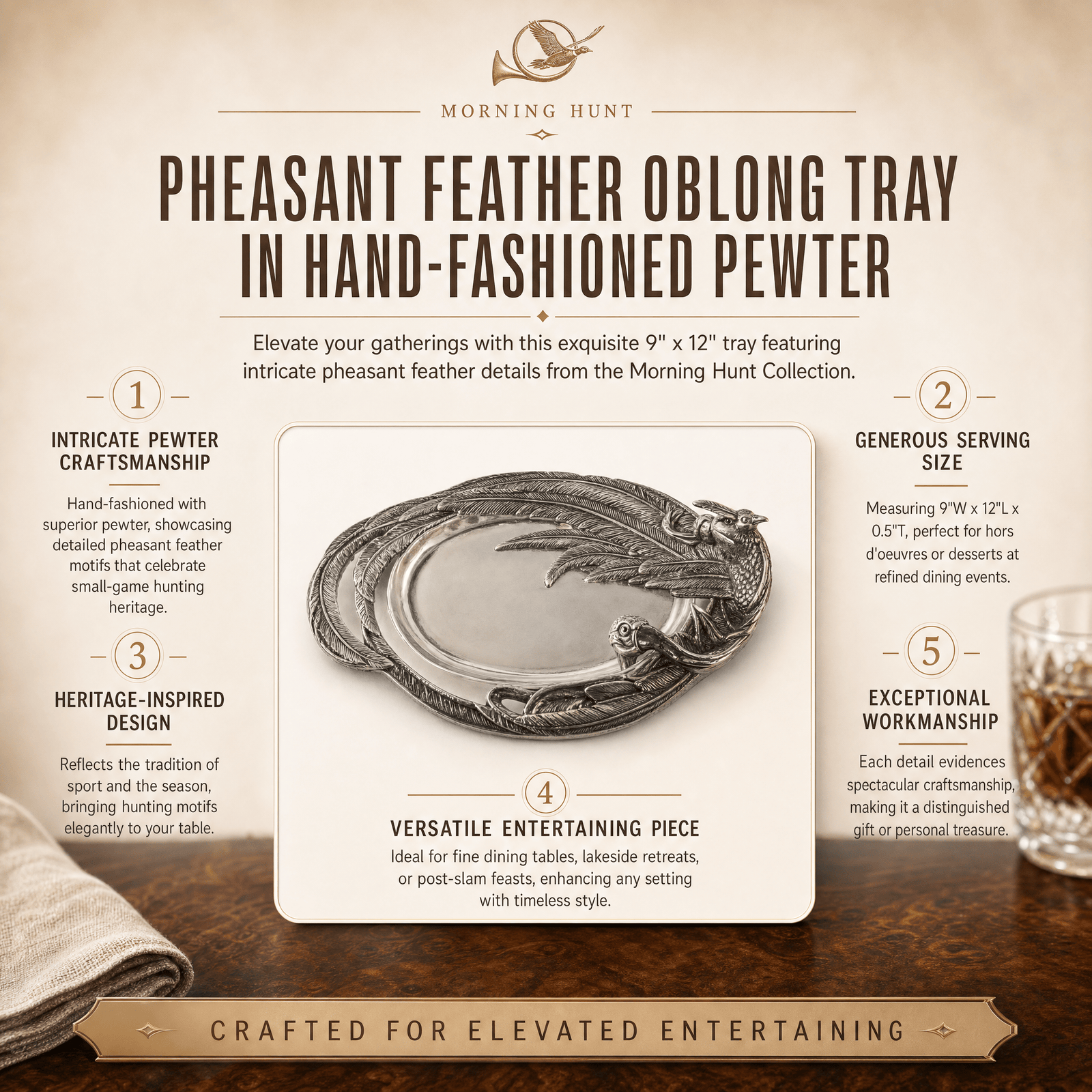 Pheasant Feather Oblong Tray in Hand-Fashioned Pewter