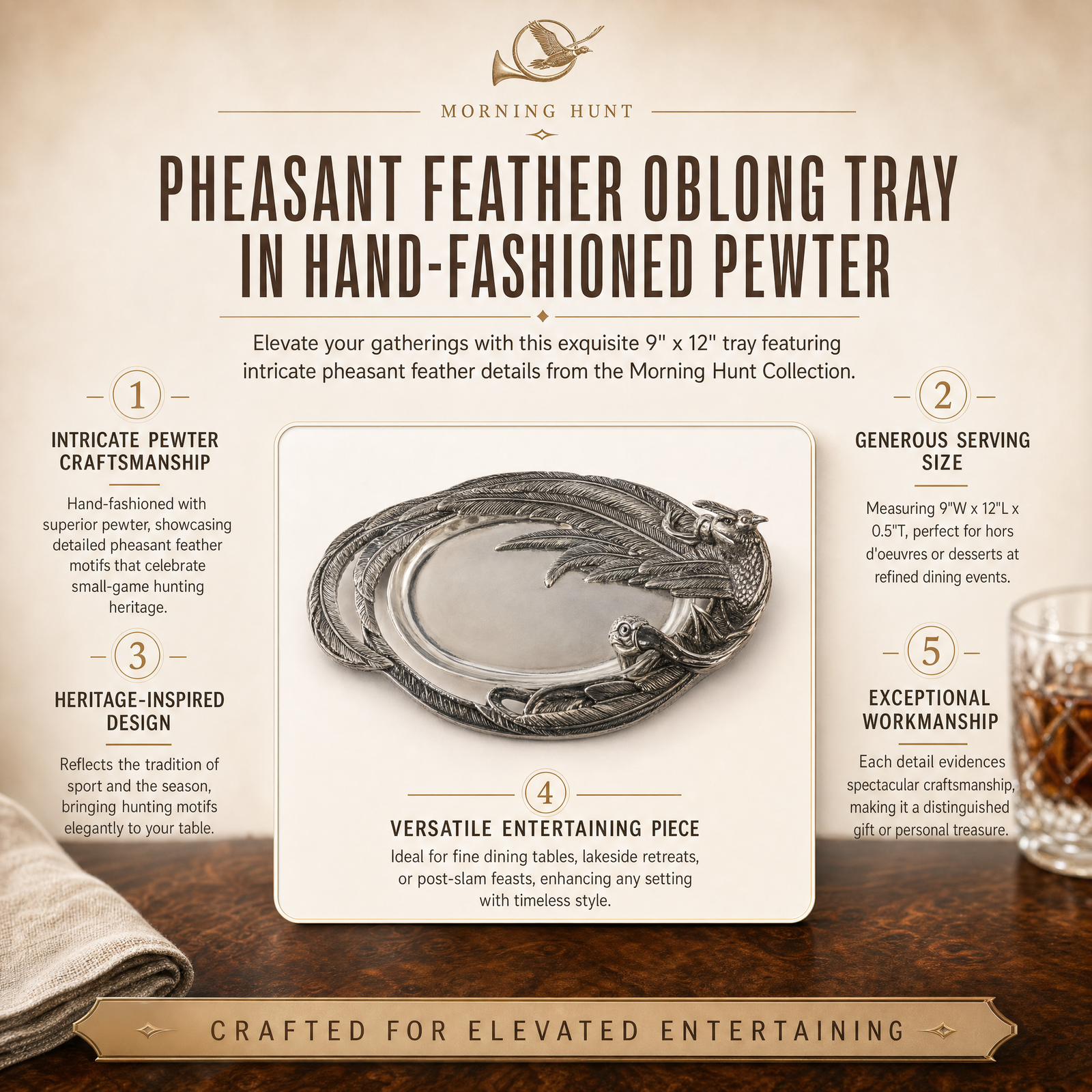 Pheasant Feather Oblong Tray in Hand-Fashioned Pewter