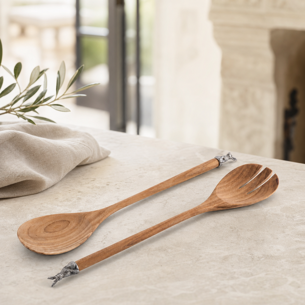 Teak Salad Servings with Pewter Bunny End 2