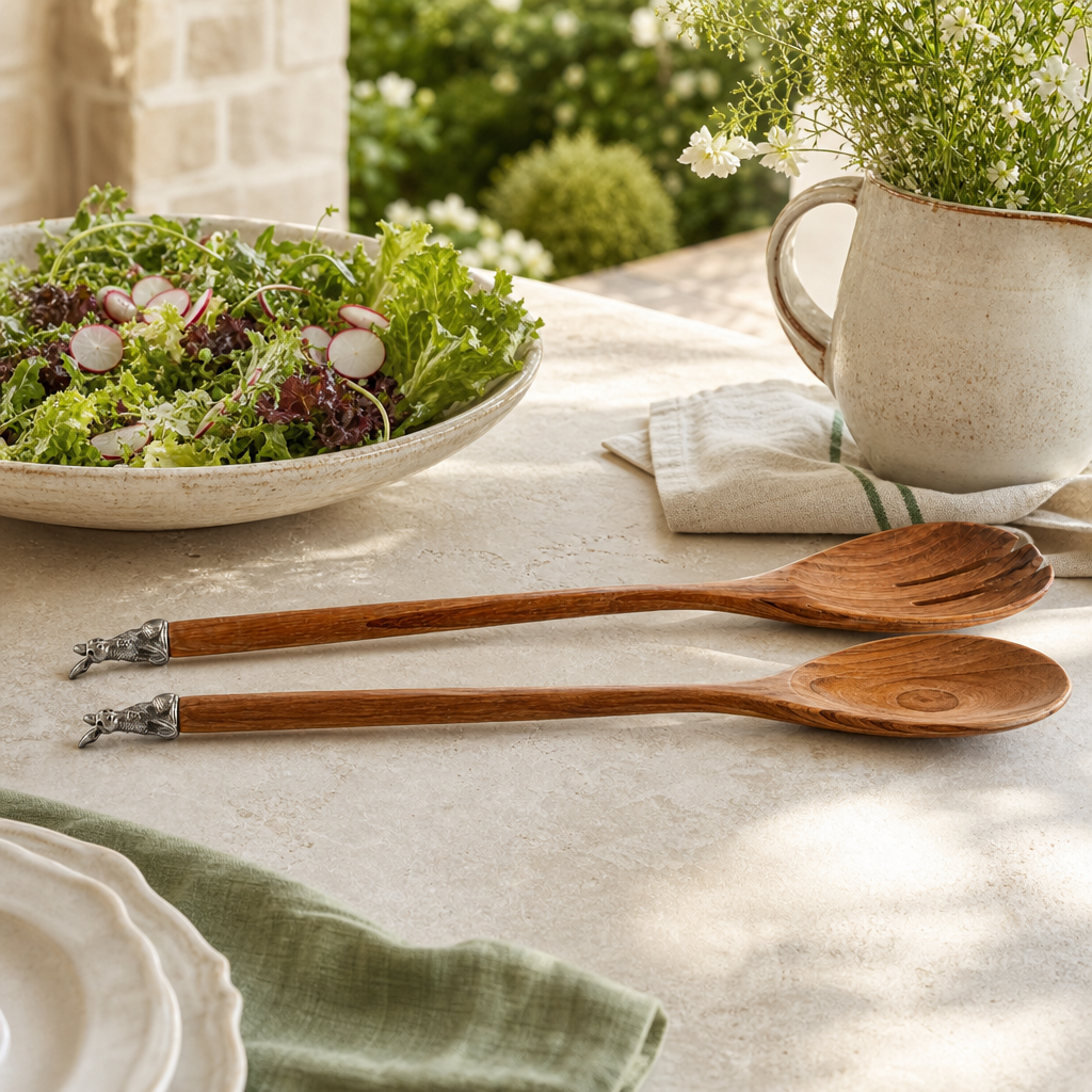 Teak Salad Servings with Pewter Bunny End 5