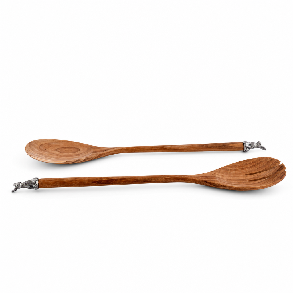 Teak Salad Servings with Pewter Bunny End 8