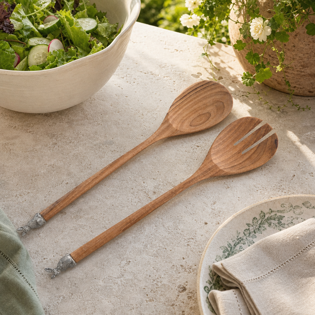 Teak Salad Servings with Pewter Bunny End 6