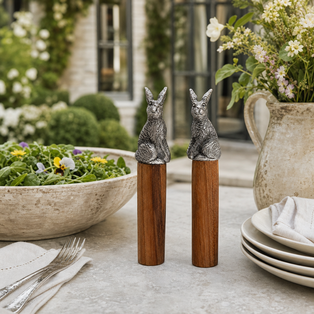 Teak Salad Servings with Pewter Bunny End 7