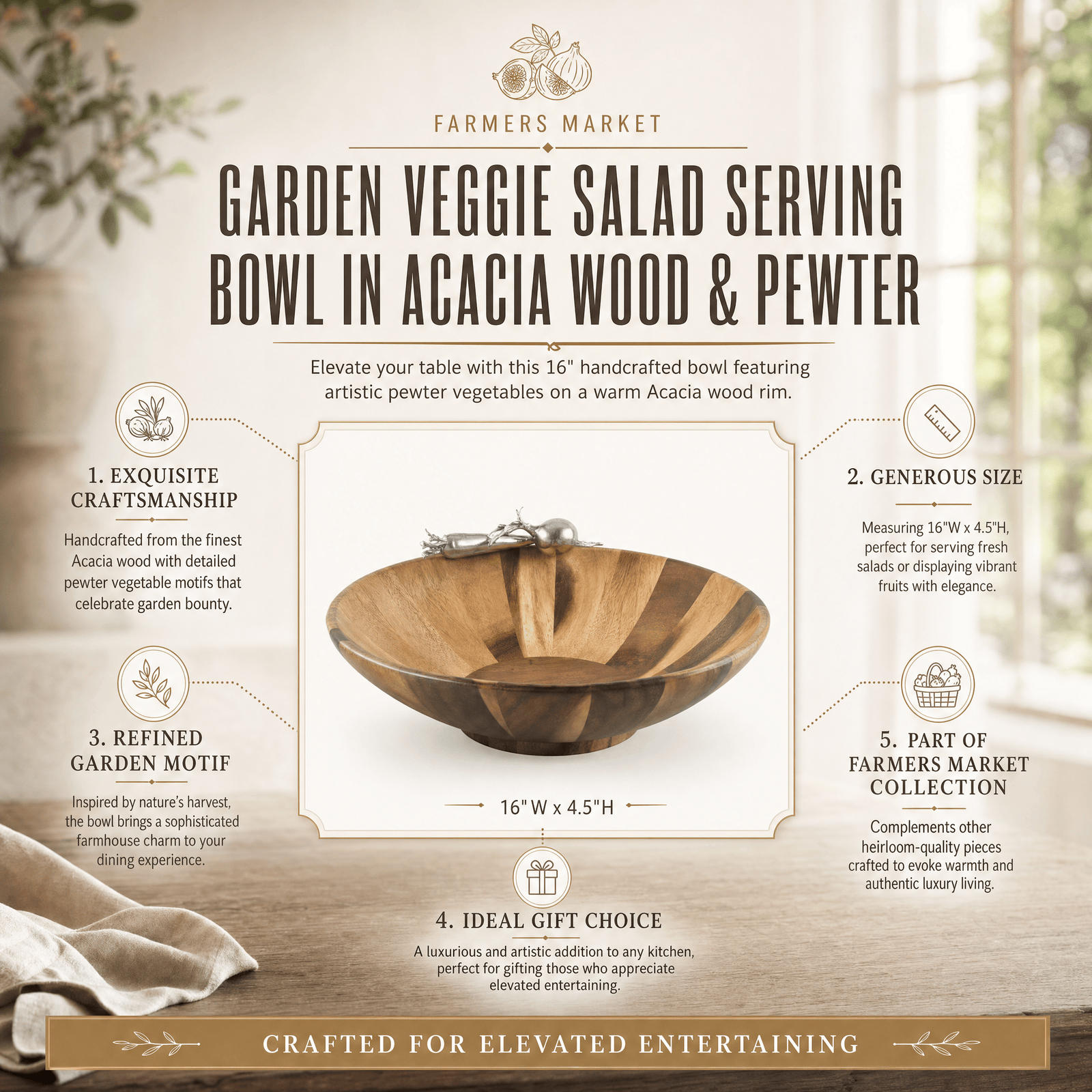 Garden Veggie Salad Serving Bowl in Acacia Wood & Pewter