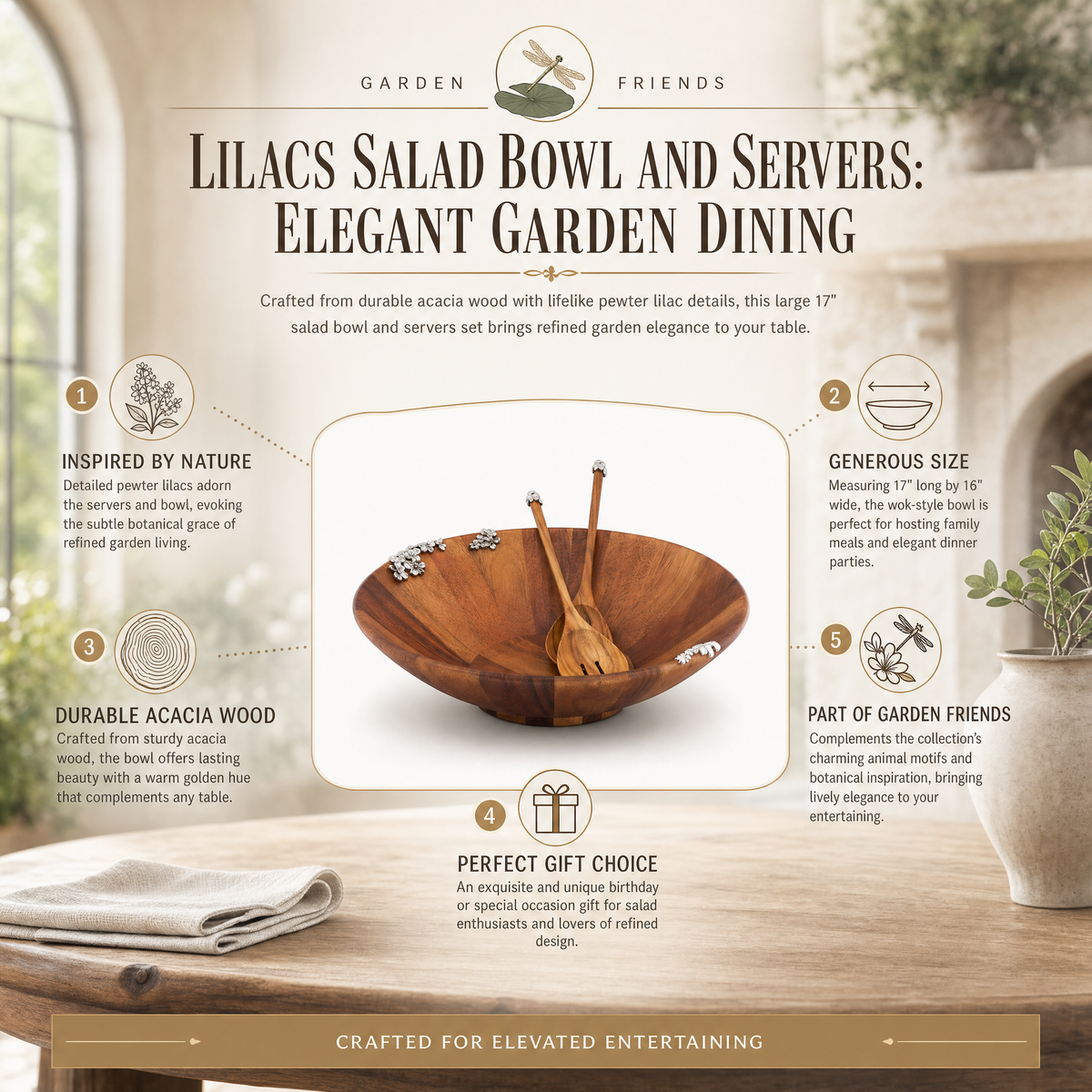 Lilacs Salad Bowl and Servers 8