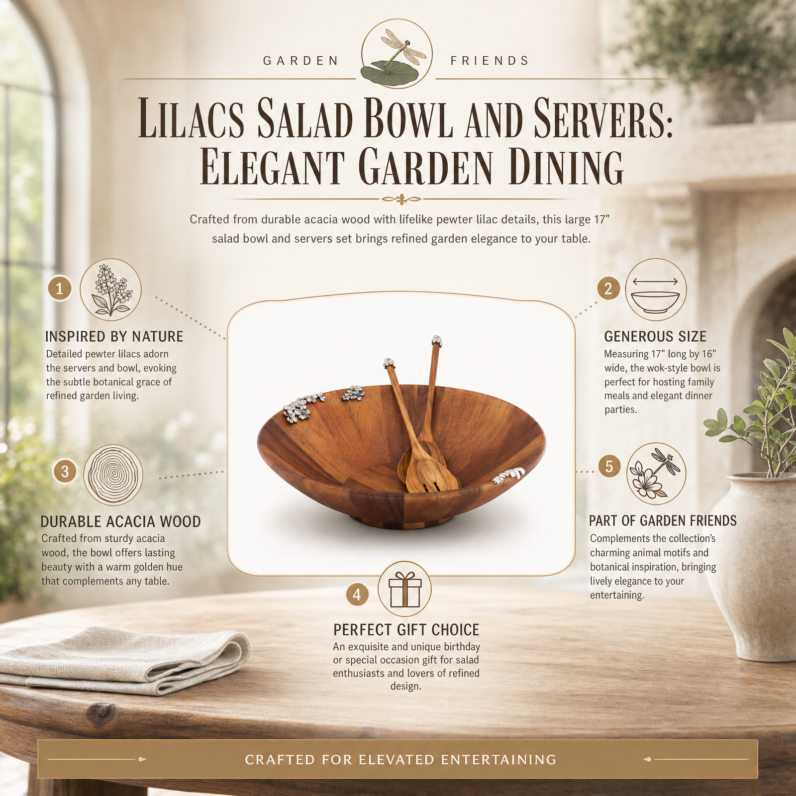 Lilacs Salad Bowl and Servers 8