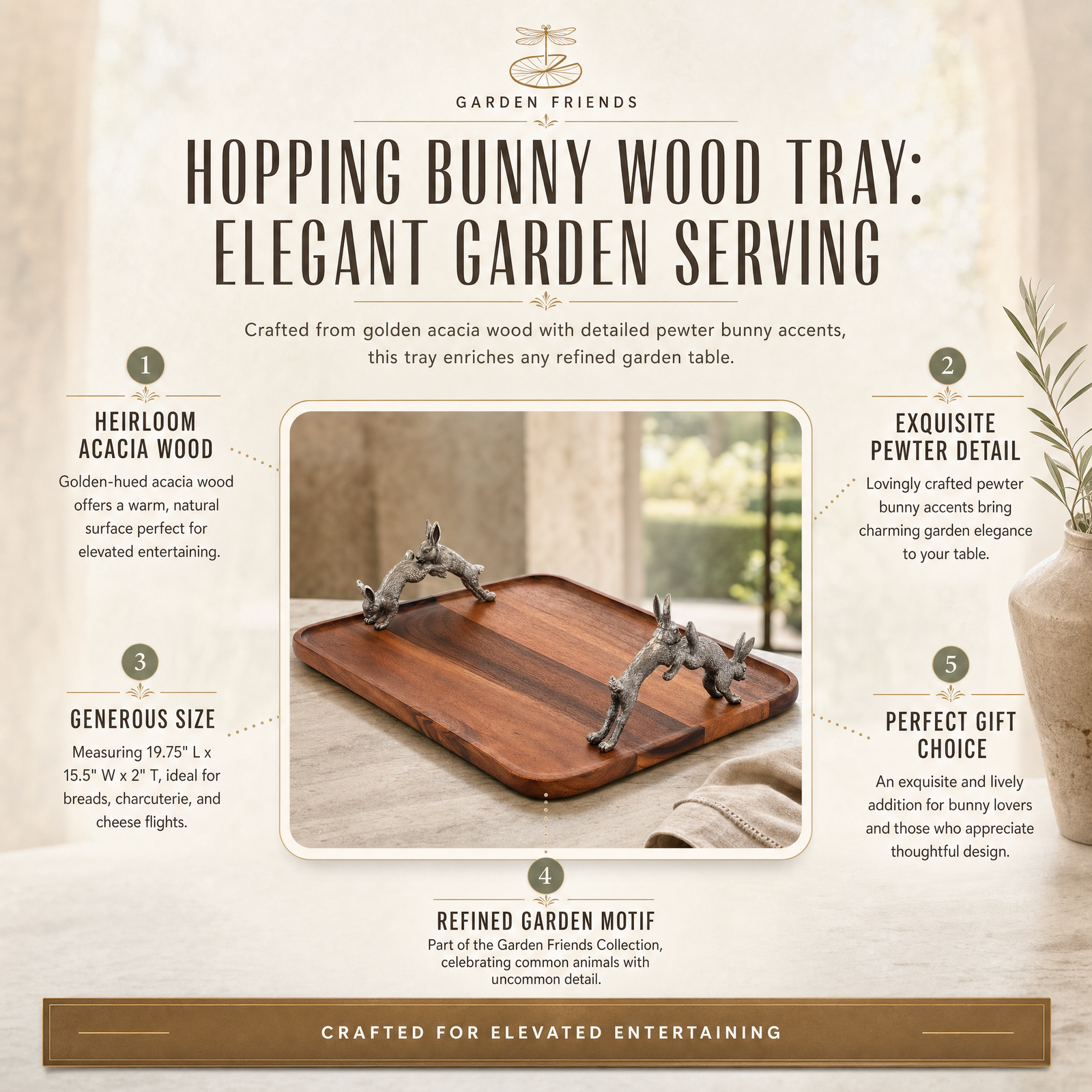 Hopping Bunny Wood Tray: Elegant Garden Serving
