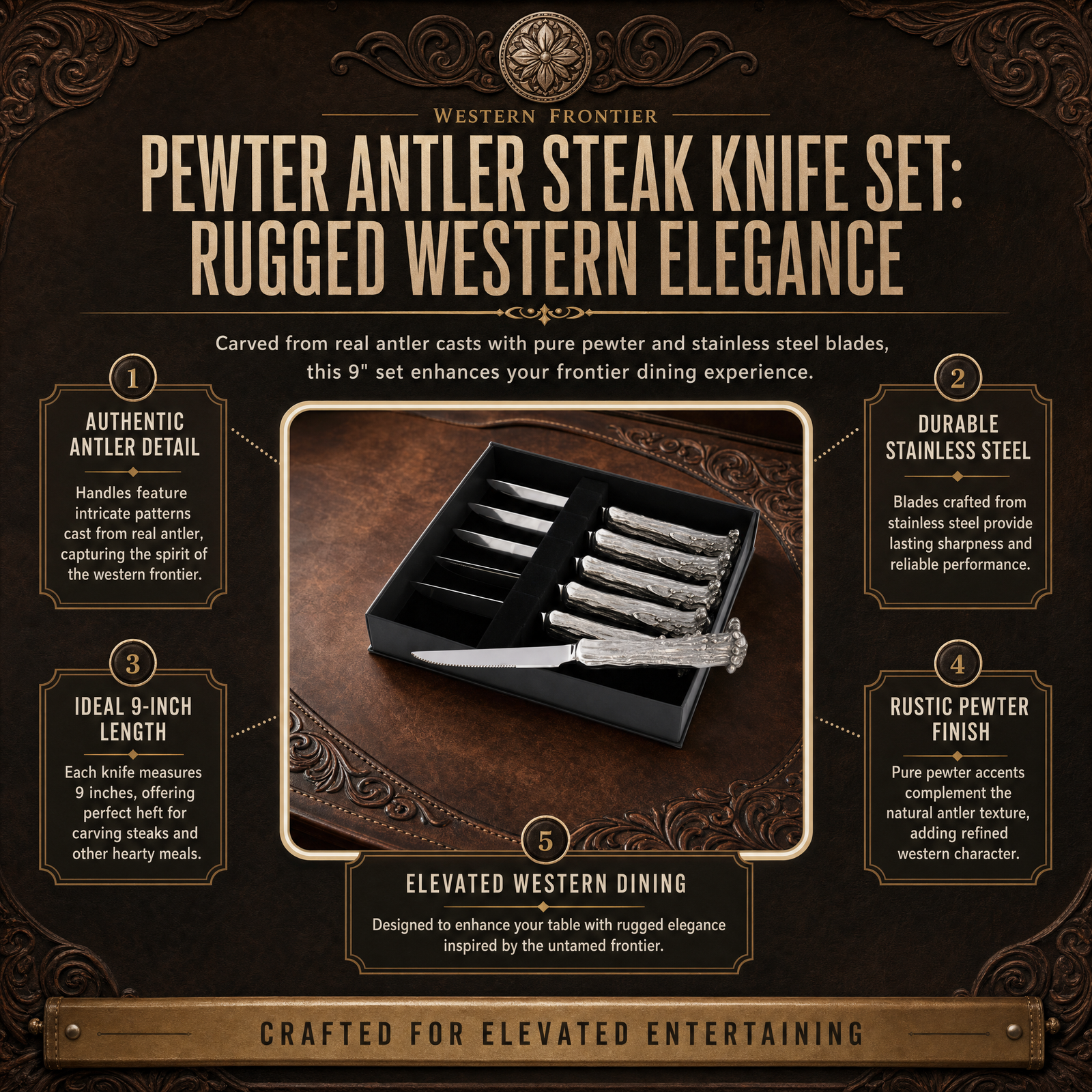 Pewter Antler Steak Knife Set: Rugged Western Elegance