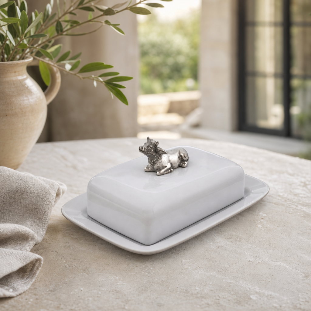 Stoneware Butter Dish with Pewter Mabel the Cow 1