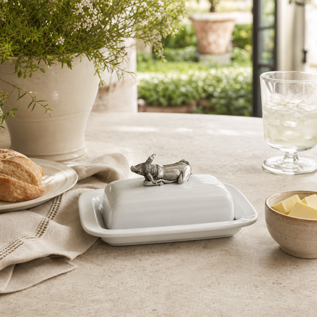 Stoneware Butter Dish with Pewter Mabel the Cow 6