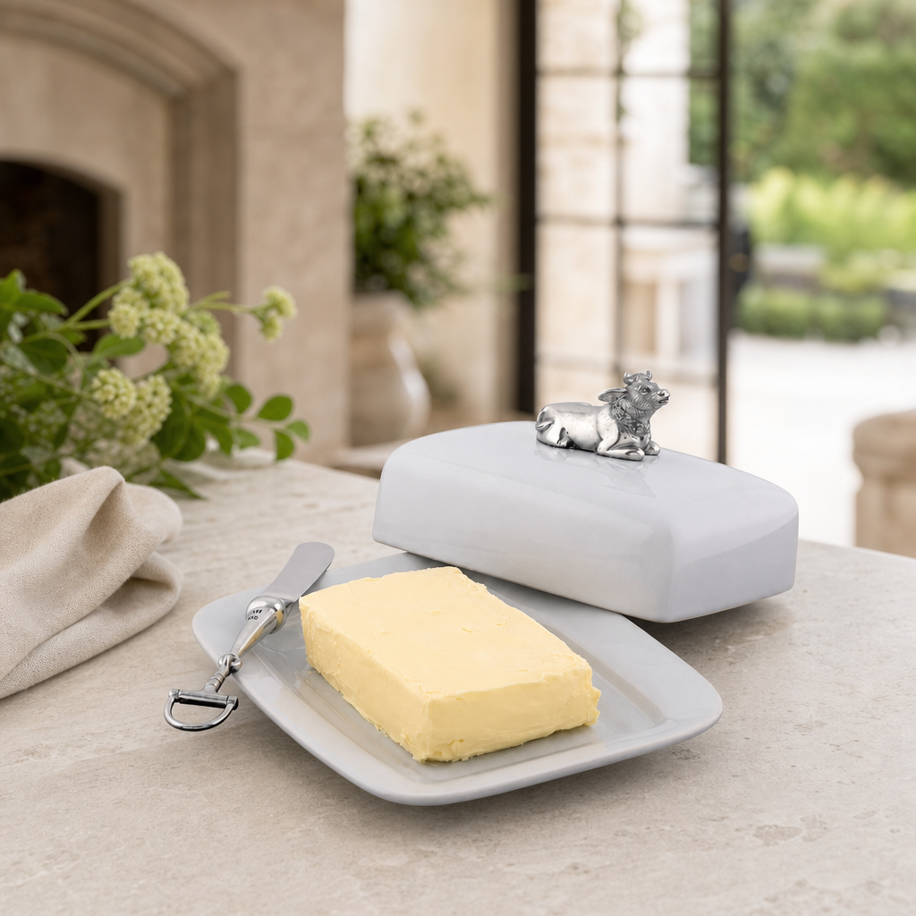 Stoneware Butter Dish with Pewter Mabel the Cow 3