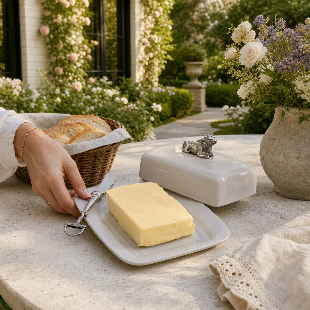 Stoneware Butter Dish with Pewter Mabel the Cow 4