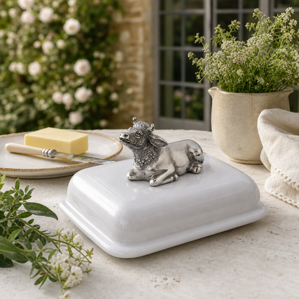 Stoneware Butter Dish with Pewter Mabel the Cow 5