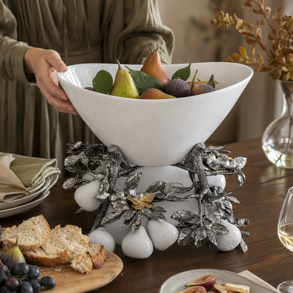 Pewter Pears and Leaves Centerpiece Porcelain Bowl 3