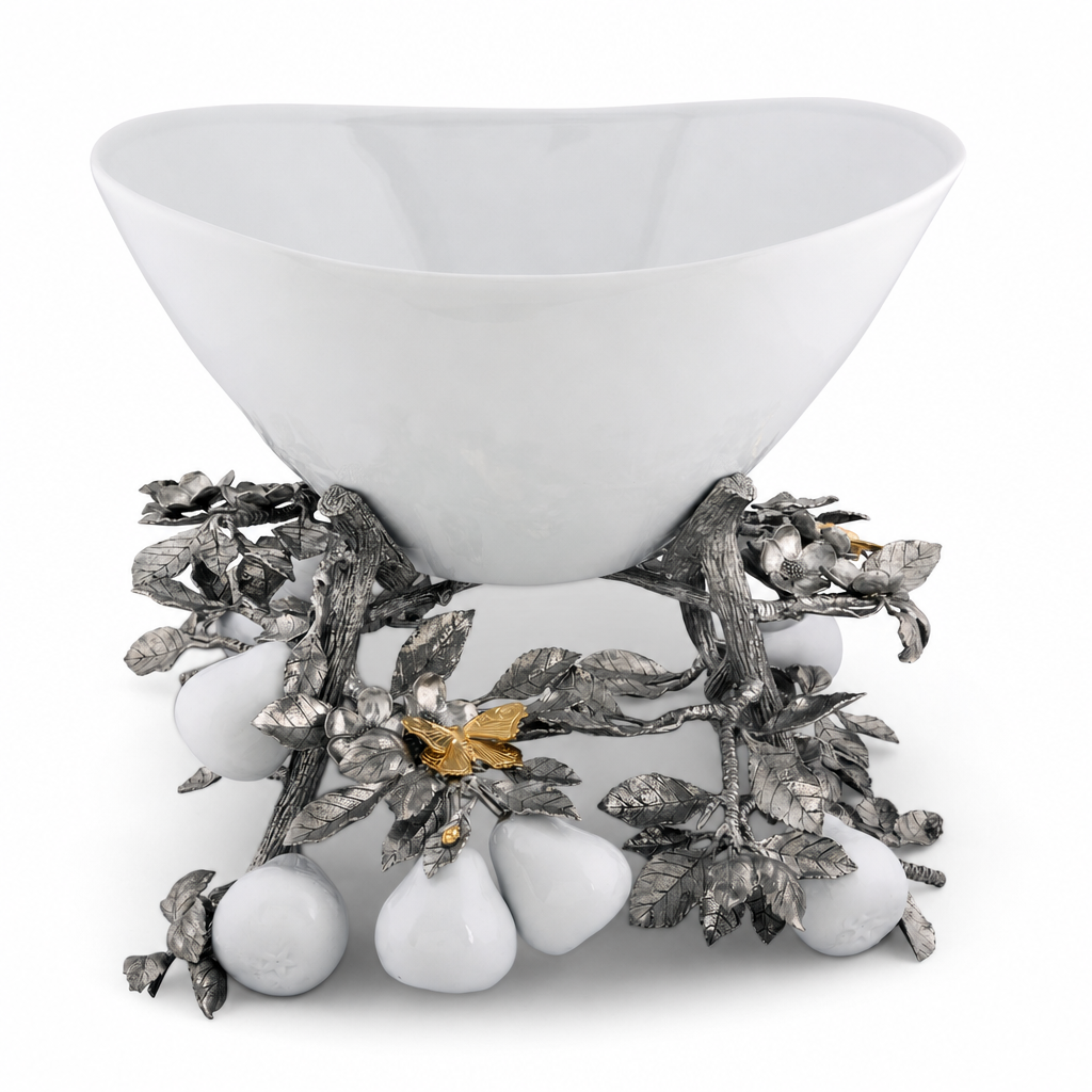 Pewter Pears and Leaves Centerpiece Porcelain Bowl 1