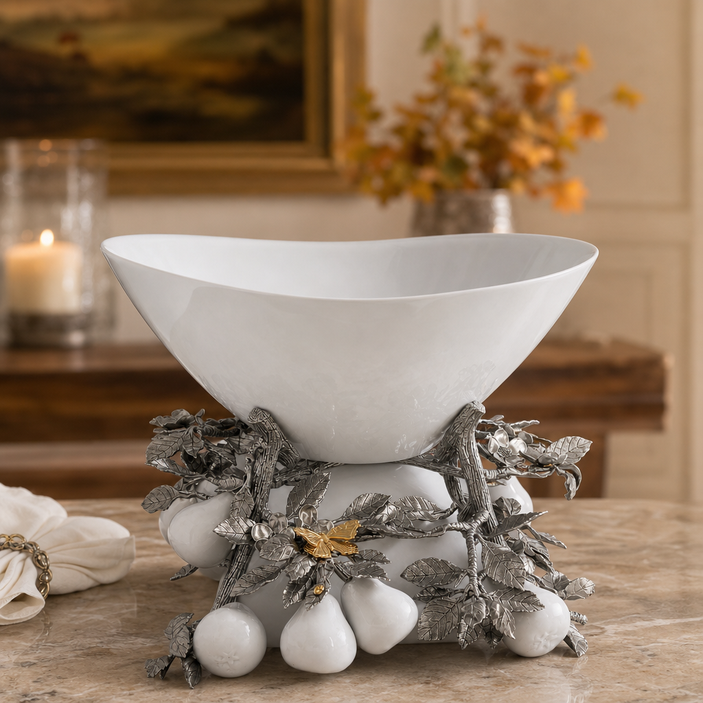 Pewter Pears and Leaves Centerpiece Porcelain Bowl 2