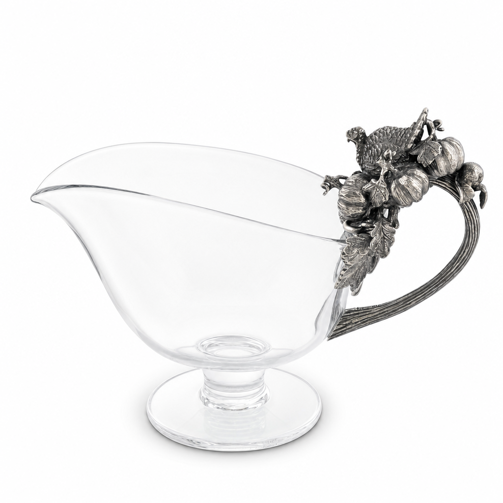 Hand Blown Glass Gravy Boat Pewter Harvest Turkey 1