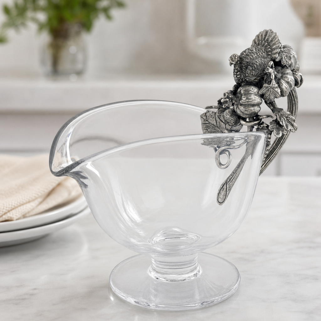 Hand Blown Glass Gravy Boat Pewter Harvest Turkey 11