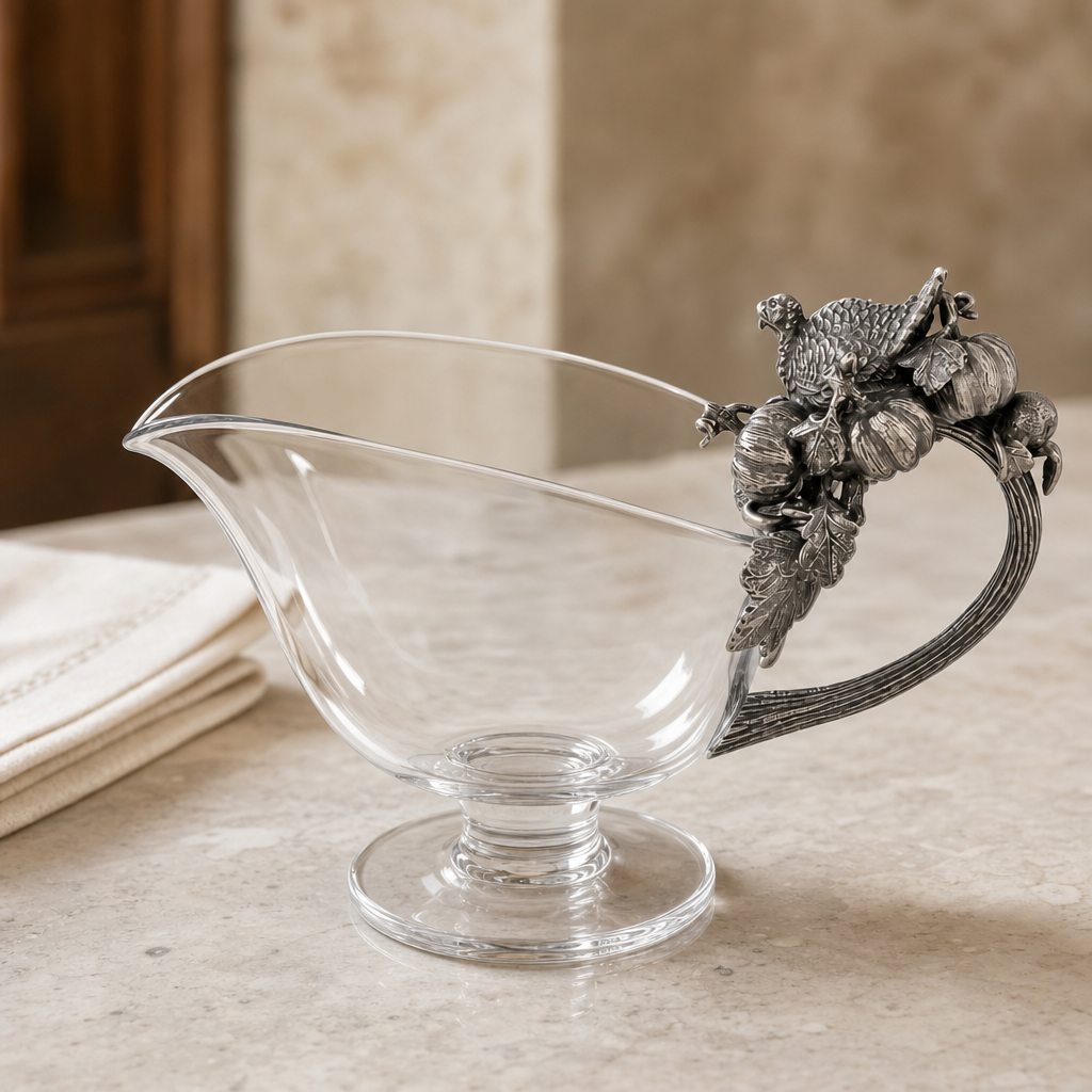 Hand Blown Glass Gravy Boat Pewter Harvest Turkey 1