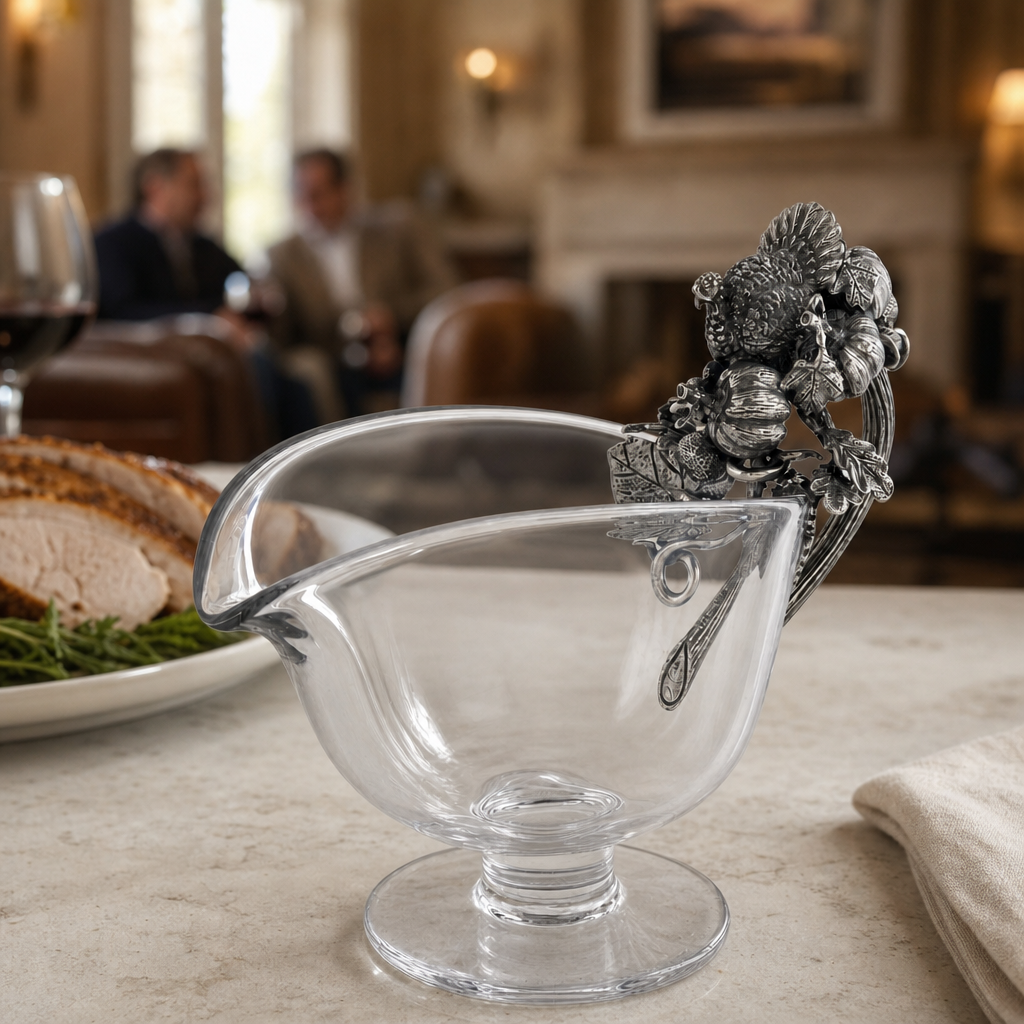 Hand Blown Glass Gravy Boat Pewter Harvest Turkey 7