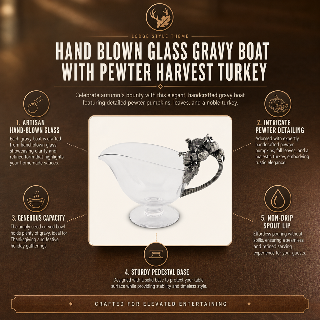 Hand Blown Glass Gravy Boat Pewter Harvest Turkey 1