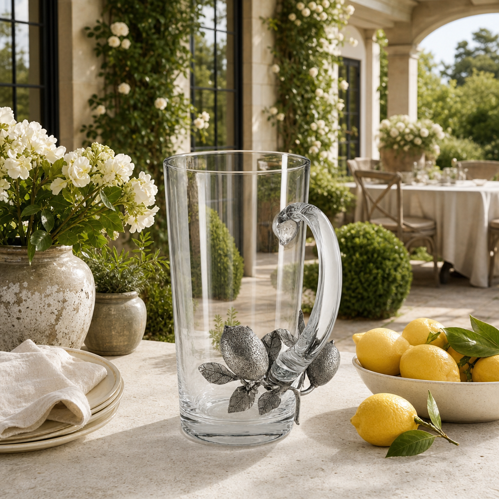 Glass Pitcher Pewter Lemon Bouquet Handle 7
