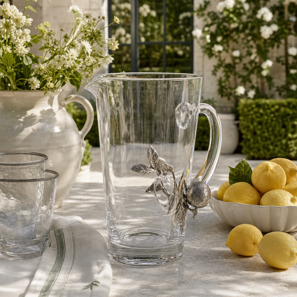 Glass Pitcher Pewter Lemon Bouquet Handle 9