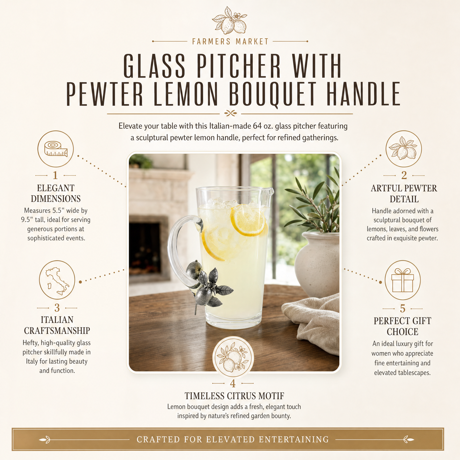 Glass Pitcher Pewter Lemon Bouquet Handle 11