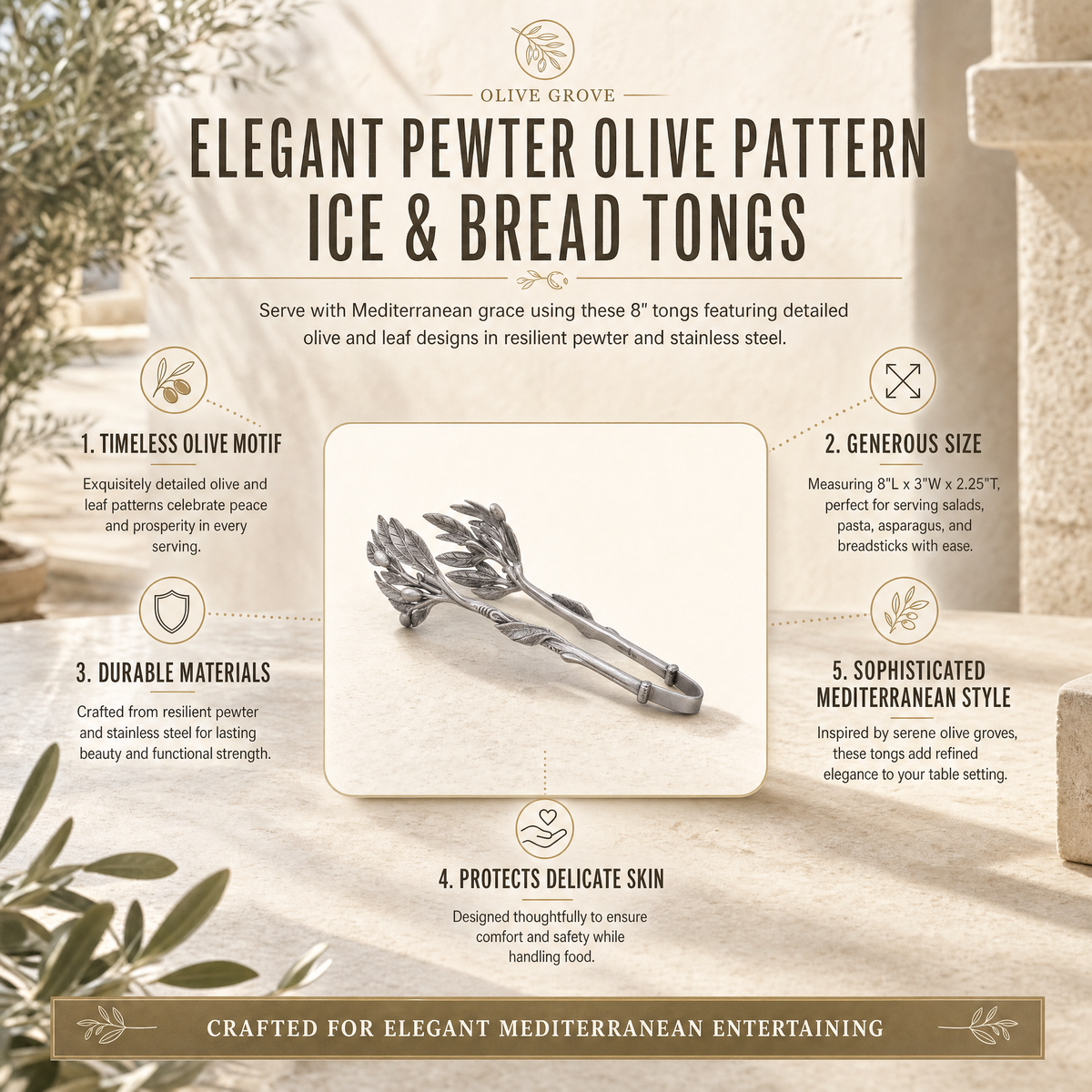 Pewter Olive Pattern Ice / Bread Tongs 11
