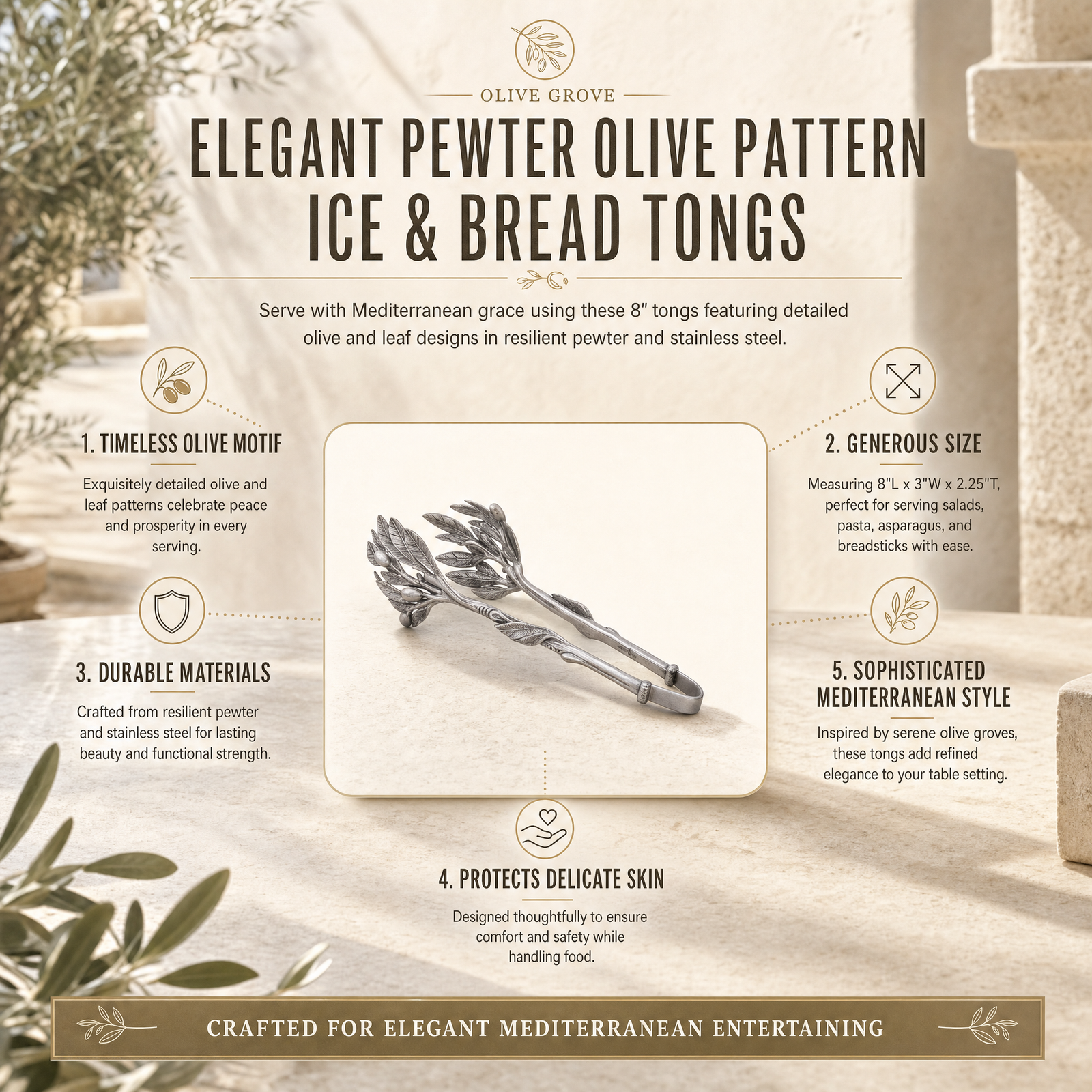 Pewter Olive Pattern Ice / Bread Tongs 11