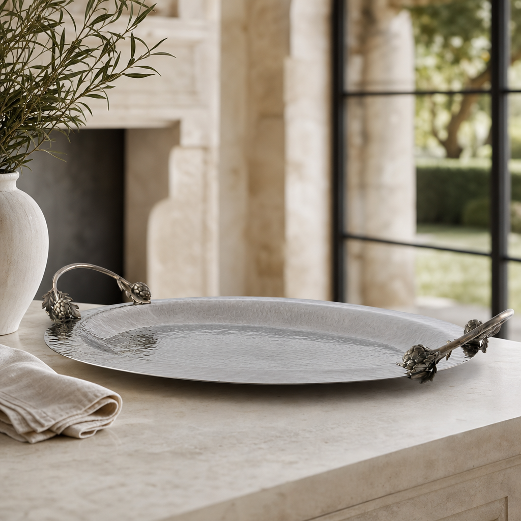 Artichoke Handle Large Steel Serving Tray 1