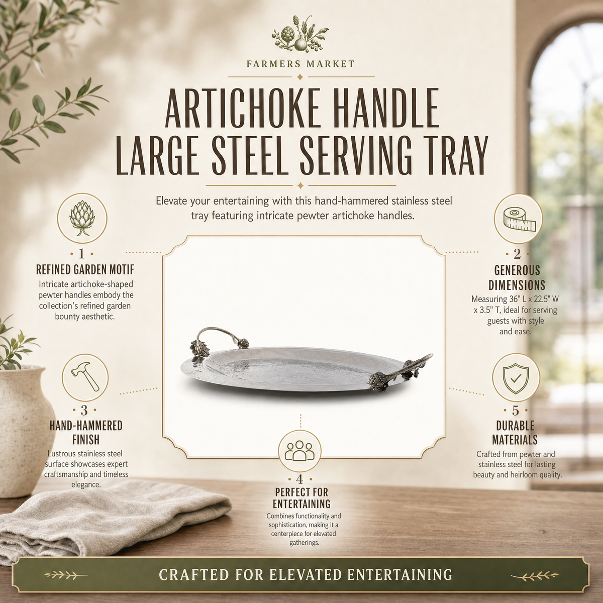 Artichoke Handle Large Steel Serving Tray 9